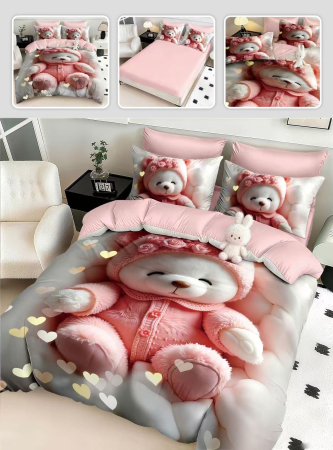 Lenjerii Mos Craciun - Lenjerie de pat din finet 5D cu Elastic, Ursulet Roz cu inimioare-BD5