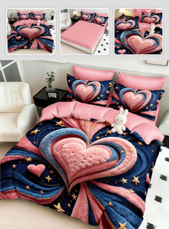 Lenjerii Mos Craciun - Lenjerie de pat din finet 5D cu Elastic, Inimioare in nuante de roz si albastru-BD11