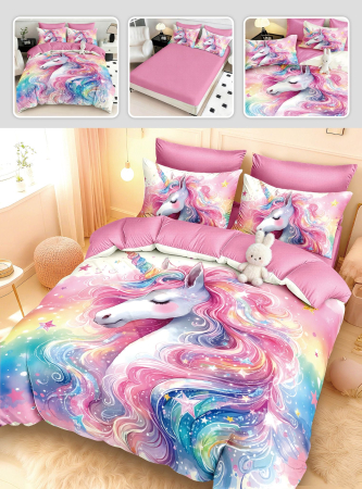 Lenjerii Mos Craciun - Lenjerie de pat din finet 5D cu Elastic, Unicorn curcubeu si stelute-BD8