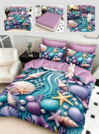 Lenjerii Mos Craciun - Lenjerie de pat din finet 5D cu Elastic, Mov cu Stelute de Mare si Scoici-BD6