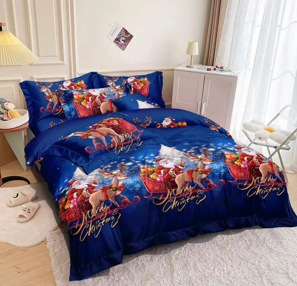 Lenjerii Mos Craciun - Lenjerie de pat din finet 6 piese, albastru cu Moș Crăciun și reni-EX15