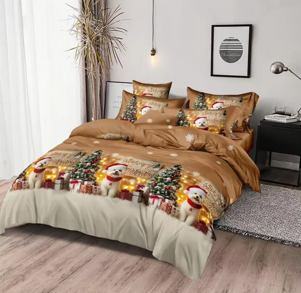 NOU EDITIE DE CRACIUN - Lenjerie de pat din finet 6 piese, caramel cu căței și brăduți de crăciun-EX14