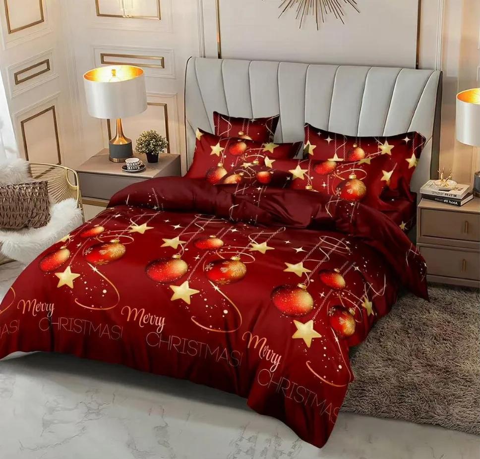 Lenjerii Mos Craciun - Lenjerie de pat din finet 6 piese, roșu cu globuri și steluțe aurii-EX17