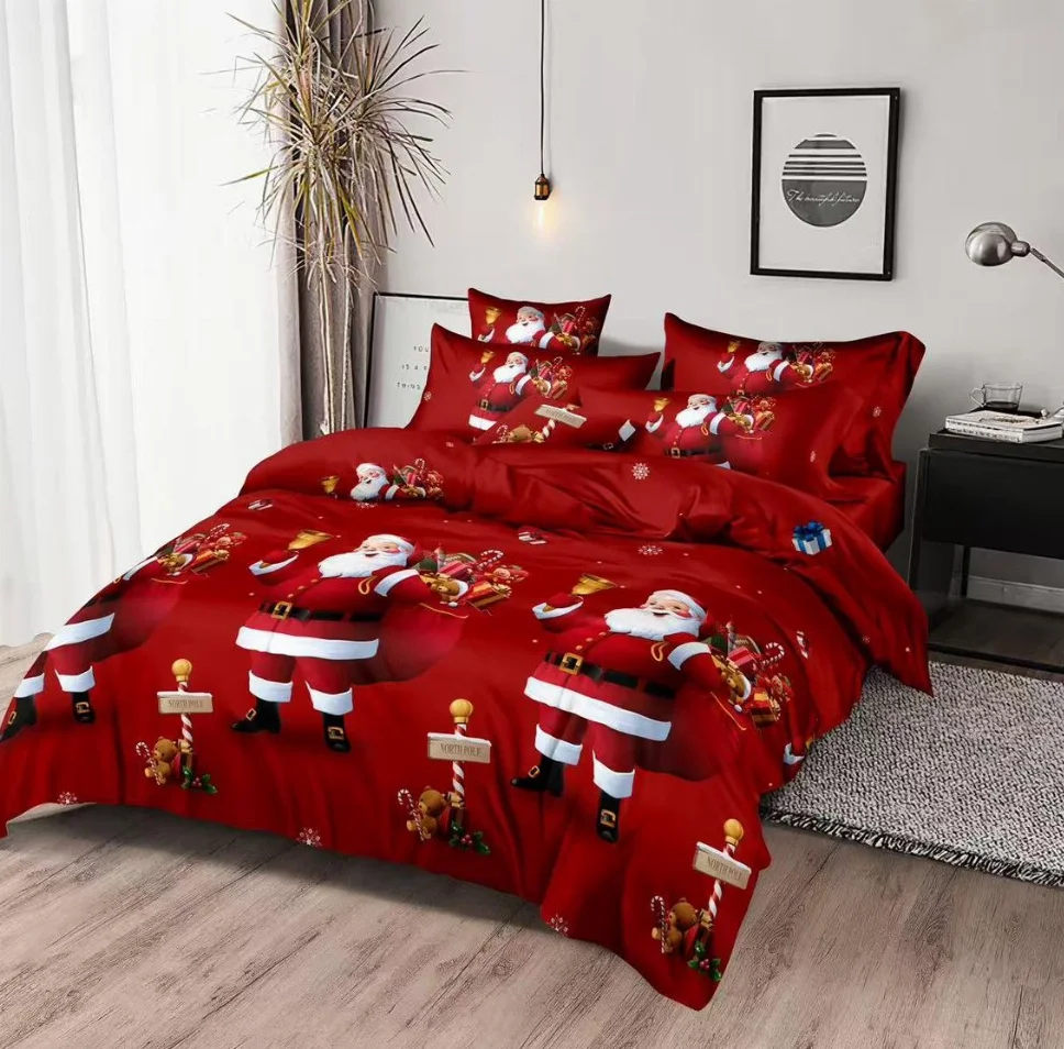 Lenjerii Mos Craciun - Lenjerie de pat din finet 6 piese, roșu cu Moș Crăciun și cadouri-EX9
