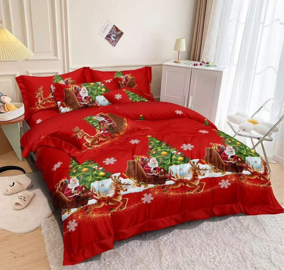 NOU EDITIE DE CRACIUN - Lenjerie de pat din finet 6 piese, roșu cu Moș Crăciun și reni-EX16
