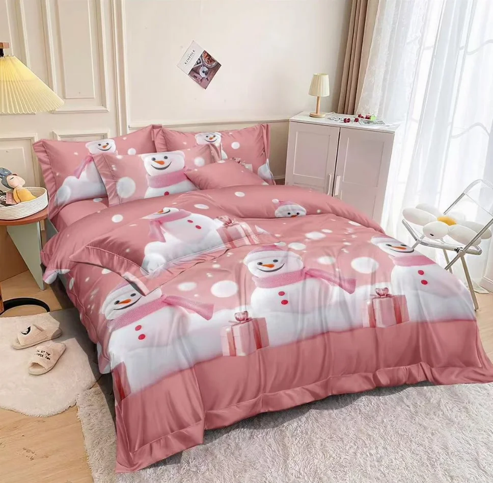 NOU EDITIE DE CRACIUN - Lenjerie de pat din finet 6 piese, roz cu omuleți de zăpadă veseli-EX19