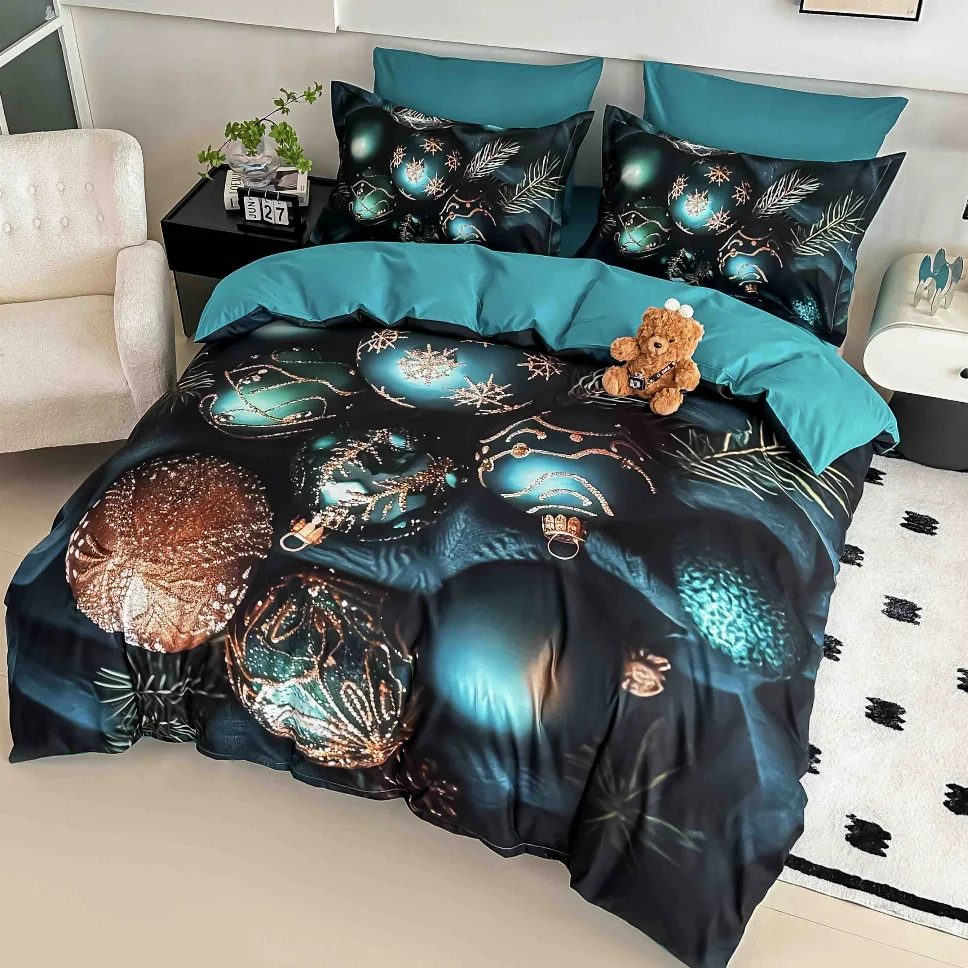 LENJERII DE PAT - Lenjerie de pat din finet, albastru cu globuri aurii luminoase-LD18