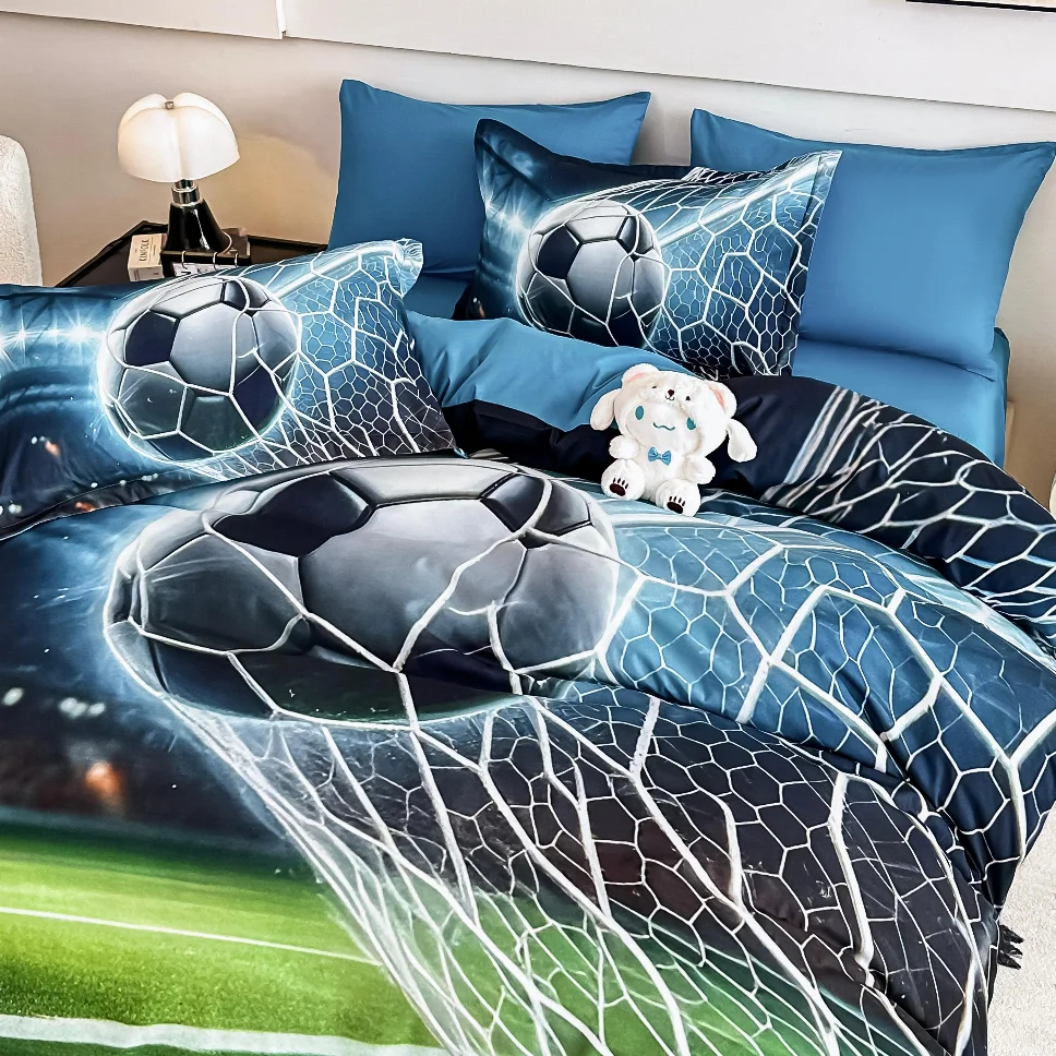 Lenjerie de pat din finet, albastru cu minge de fotbal în plasă-LD40 [1]