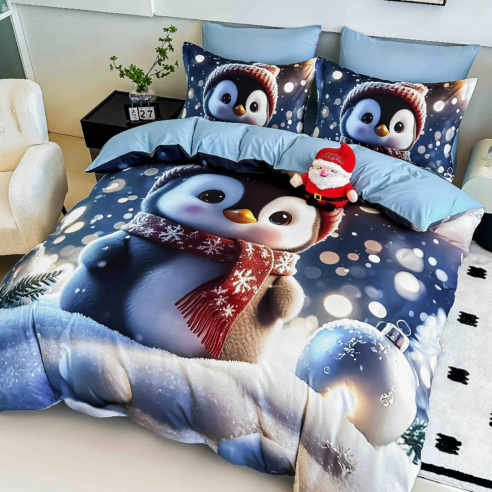 Lenjerie de pat 5D cu elastic - Lenjerie de pat din finet, albastru cu pinguini veseli-LD25