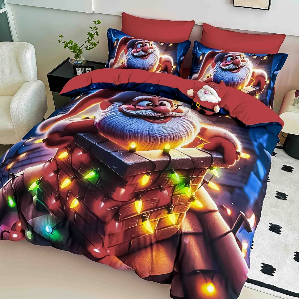 Lenjerie de pat 5D cu elastic - Lenjerie de pat din finet, cu Moș Crăciun vesel și instalații luminoase-LD26