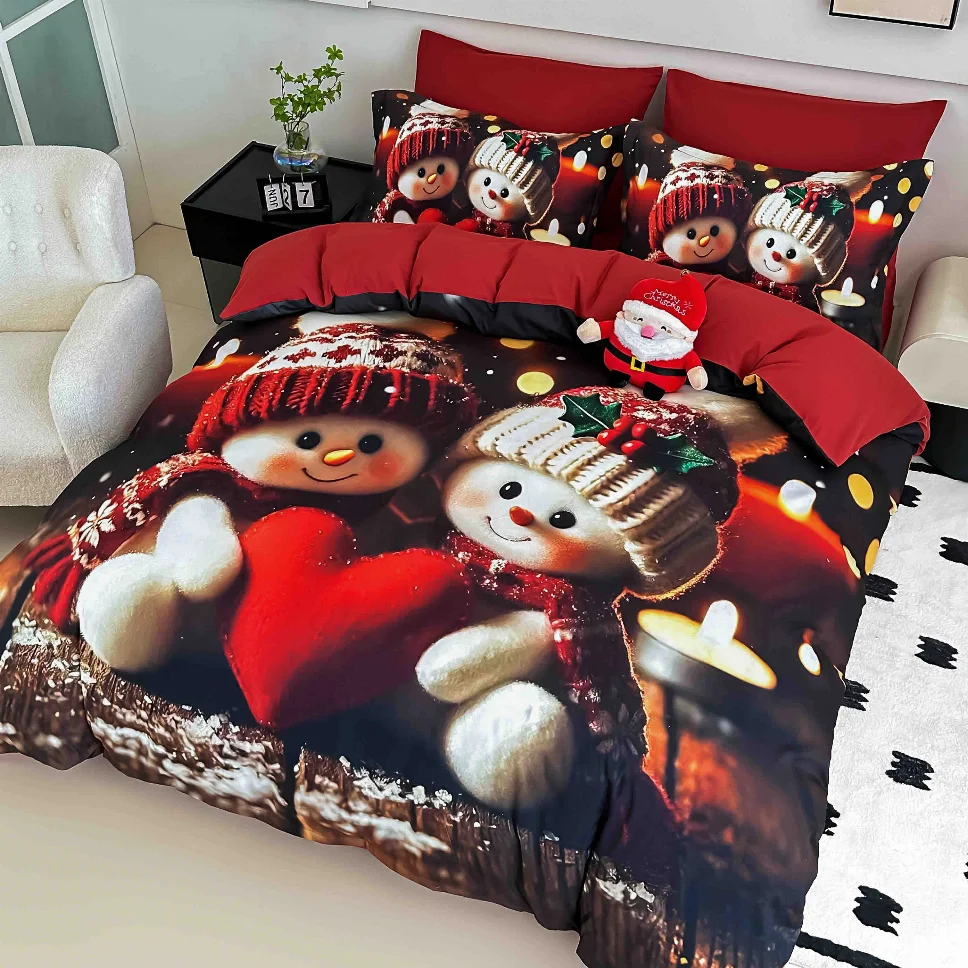 Lenjerie de pat 5D cu elastic - Lenjerie de pat din finet, cu oameni de zăpadă și inimă roșie-LD31