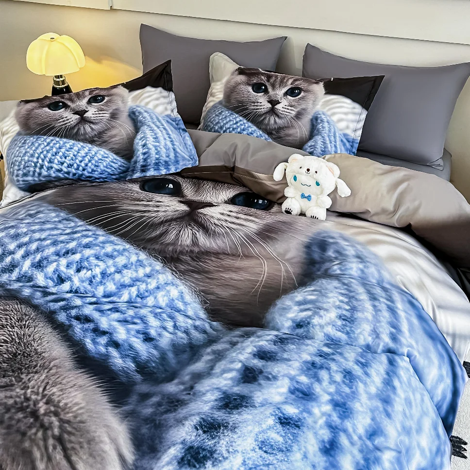 Lenjerie de pat din finet, cu pisici jucăușe și tricotaj albastru-LD39 [1]