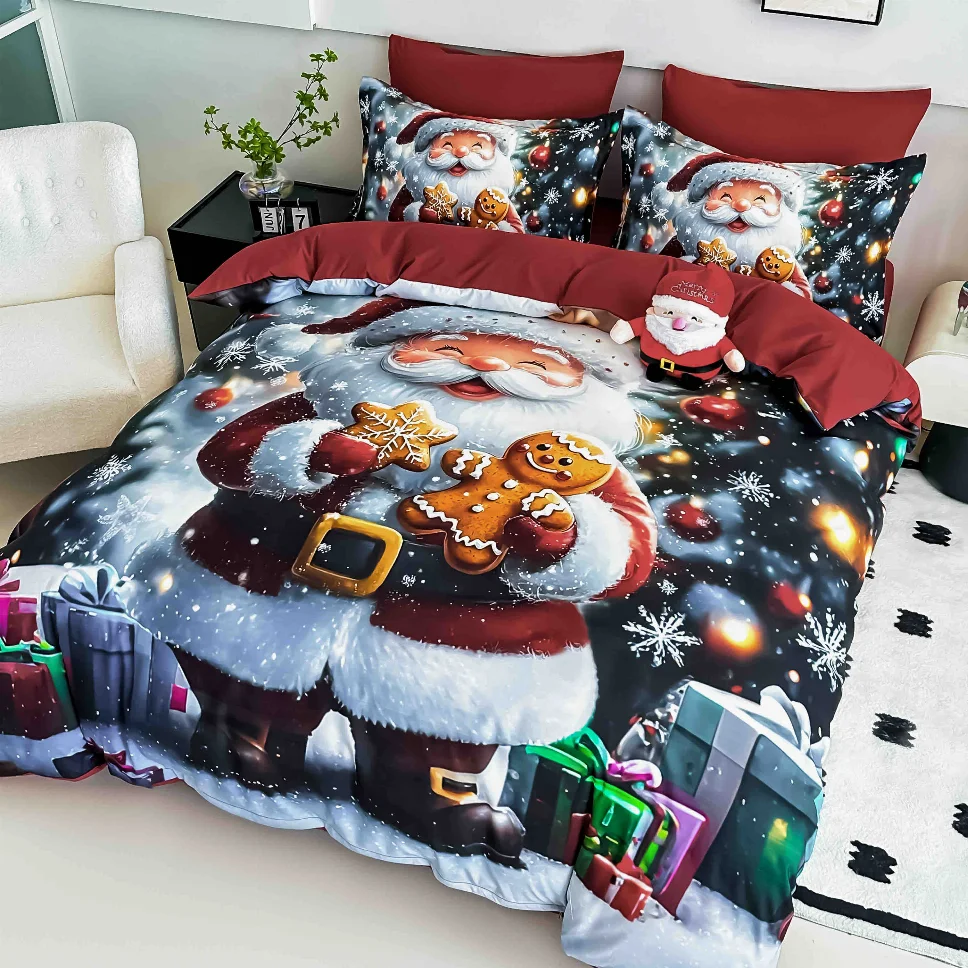 Lenjerie de pat 5D cu elastic - Lenjerie de pat din finet, Moș Crăciun cu turta dulce și cadouri-LD22