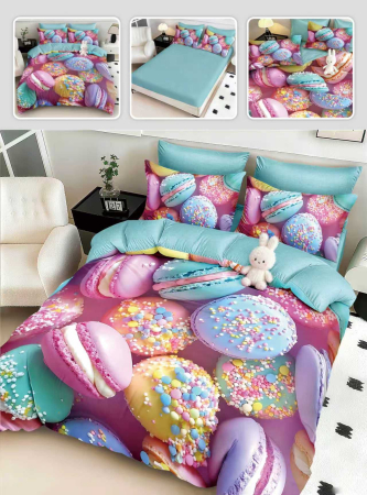 Lenjerii Mos Craciun - Lenjerie de pat din finet 5D cu Elastic, imprimeu Macarons-BD1