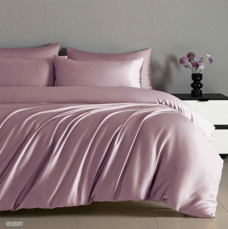 Lenjerii de pat Saten 4 piese cu elastic - Lenjerie de pat din satin cu 4 piese și cearceaf cu elastic, roz cu gri elegant-GD8002