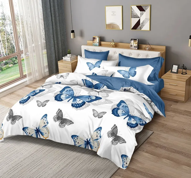 LENJERII DE PAT 1+1 GRATIS - Lenjerie de pat Finet  6 piese,Alb/Albastru cu Fluturi-KY53