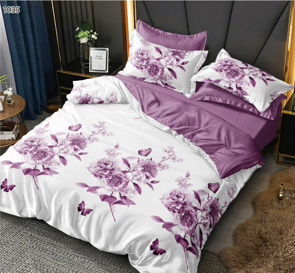 Lenjerii Pucioasa Super Elegant - Lenjerie de pat Finet 6 piese, alb cu bujori mov și fluturi-LP1035