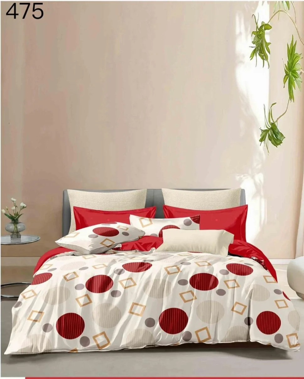 LENJERII DE PAT 1+1 GRATIS - Lenjerie de pat Finet 6 piese, alb cu cercuri rosii si patrate.-GR475