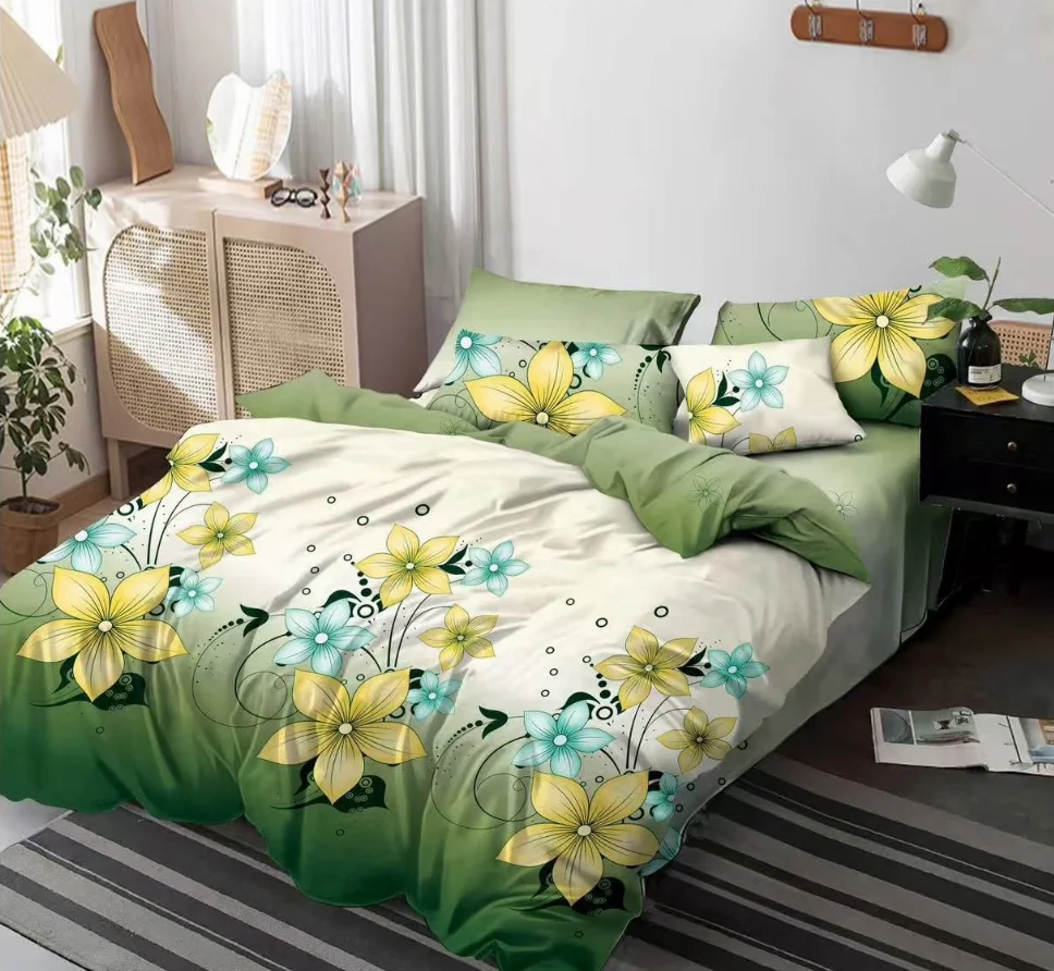 LENJERII DE PAT 1+1 GRATIS - Lenjerie de pat Finet 6 piese, alb cu flori galbene si turcoaz-KY105