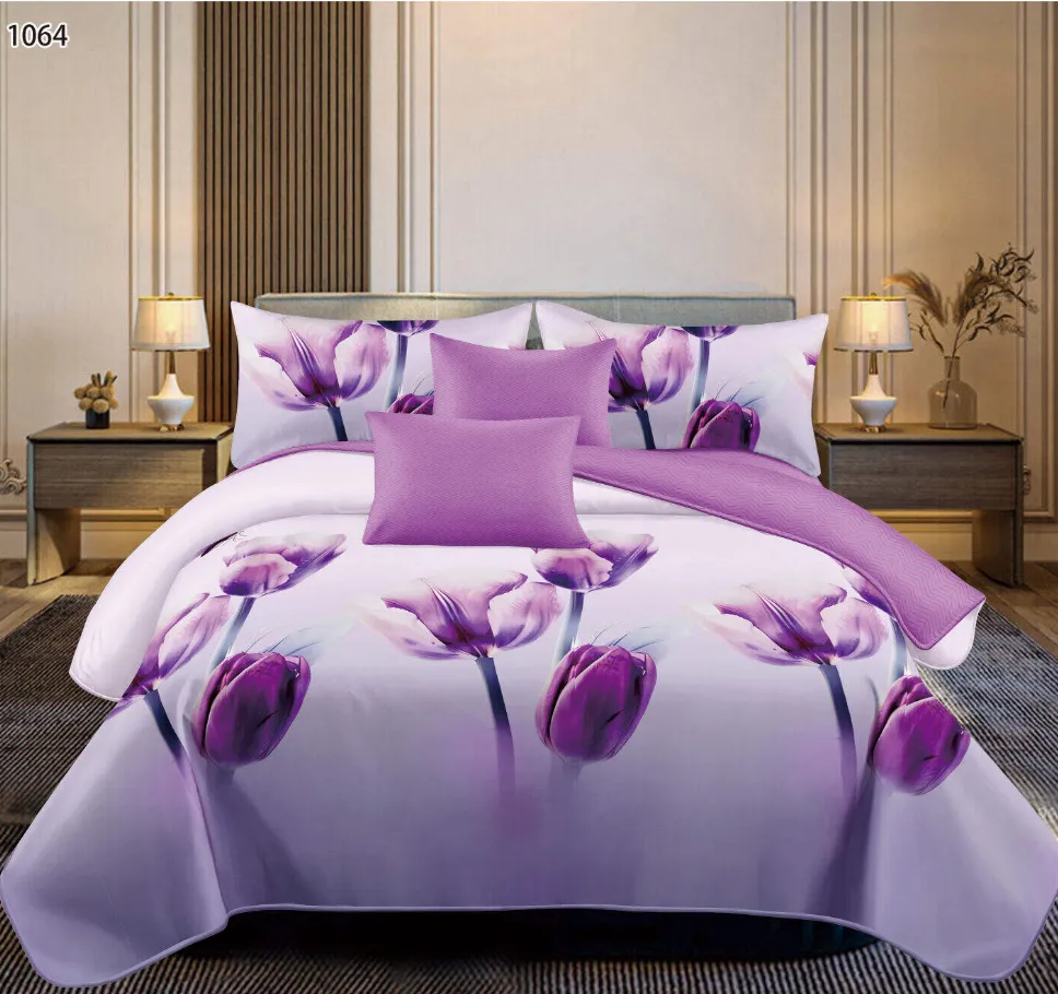 LENJERII DE PAT - Lenjerie de pat Finet 6 piese, alb cu flori mov și roz-LP370