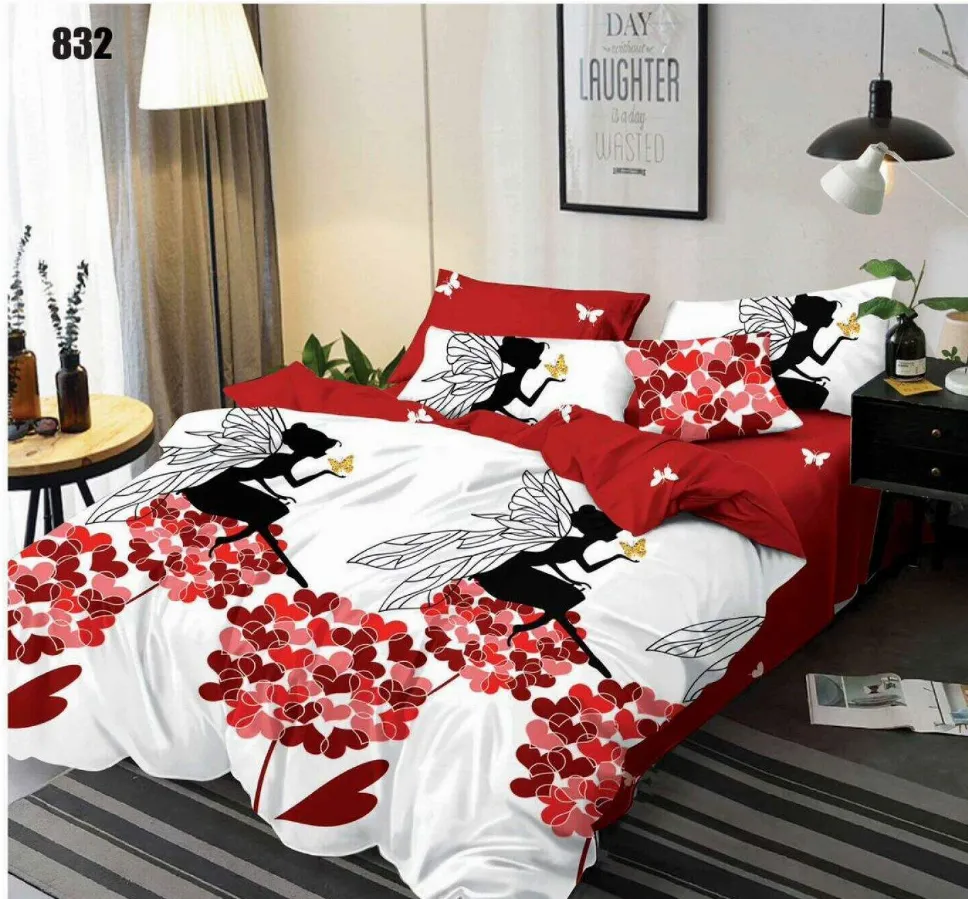 Lenjerii Pucioasa Super Elegant - Lenjerie de pat Finet 6 piese, alb cu flori rosii si zane-LP832