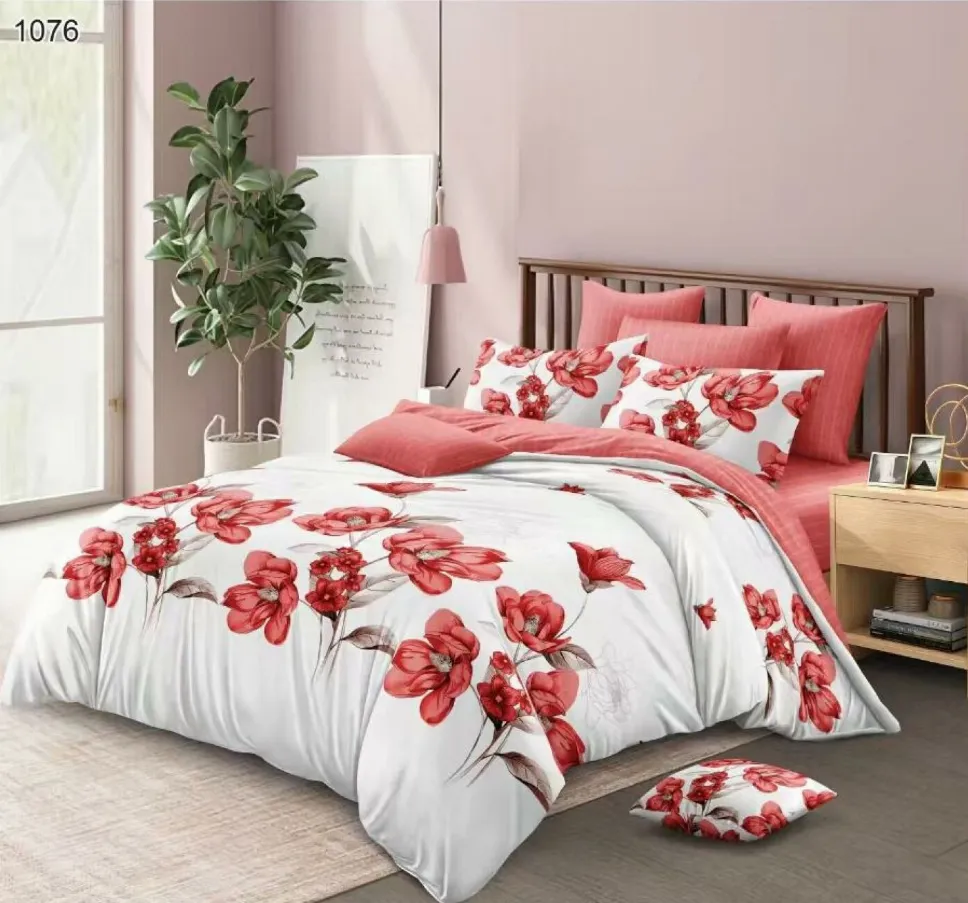 Lenjerii Pucioasa Super Elegant - Lenjerie de pat Finet 6 piese, alb cu flori rosii vibrante-LP1076