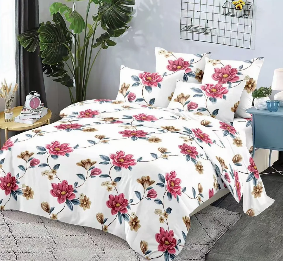 LENJERII DE PAT 1+1 GRATIS - Lenjerie de pat Finet 6 piese, alb cu flori roz și maro-KY103