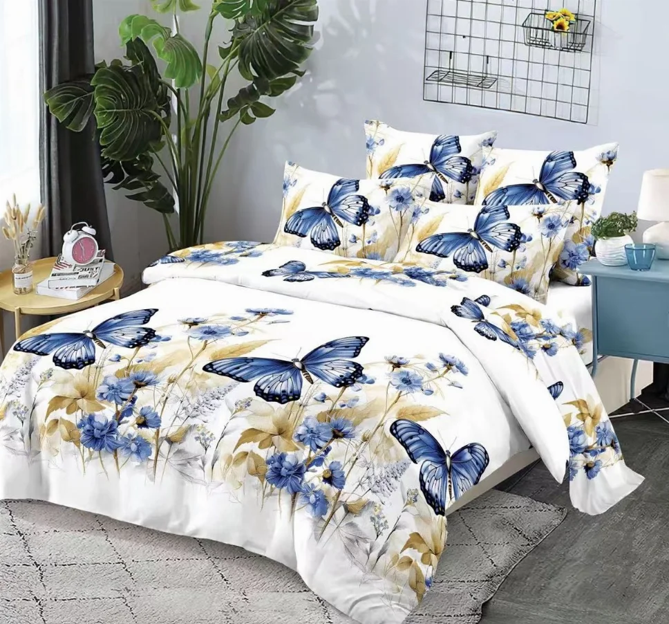 OFERTA 1 DEC LENJERII - Lenjerie de pat Finet 6 piese, alb cu fluturi albastri si flori-KY101