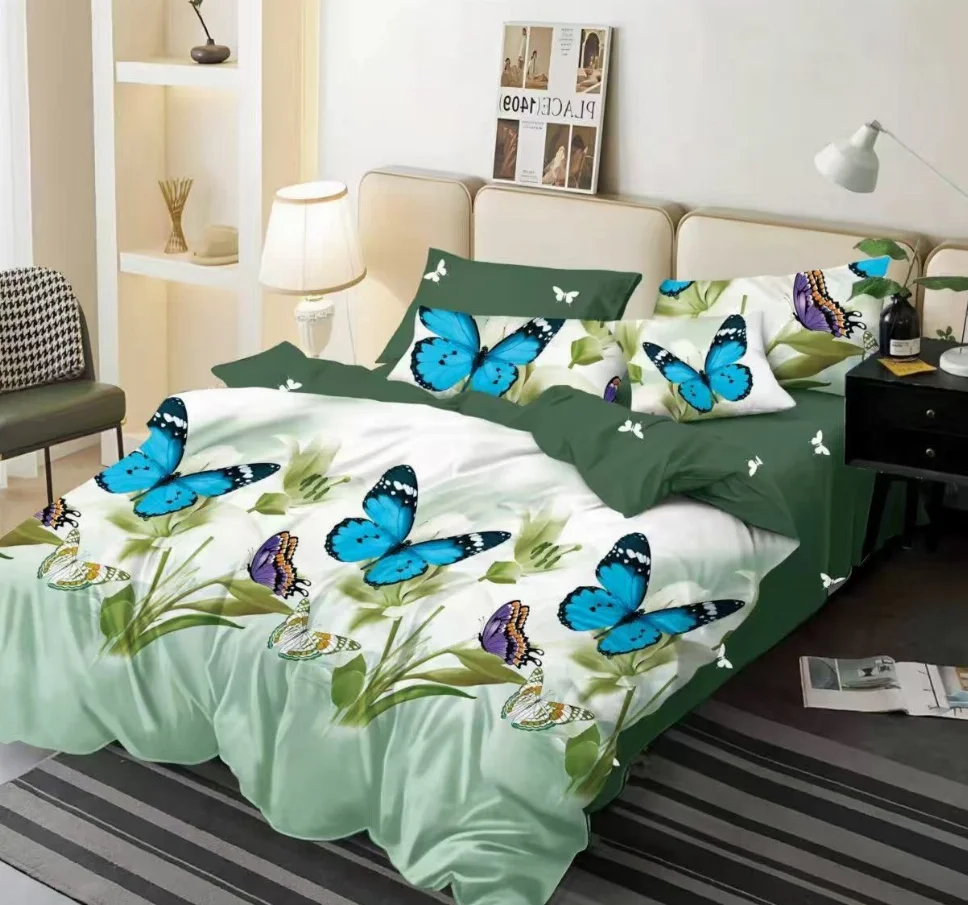 LENJERII DE PAT 1+1 GRATIS - Lenjerie de pat Finet 6 piese, alb cu fluturi albaștri și flori verzi-KY107