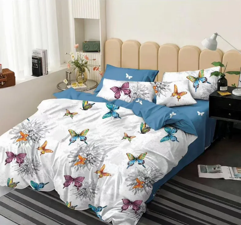 LENJERII DE PAT 1+1 GRATIS - Lenjerie de pat Finet 6 piese, alb cu fluturi colorati si flori-KY98