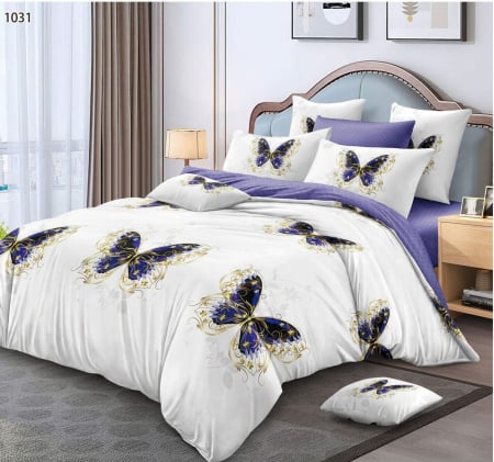 Lenjerii Pucioasa Super Elegant - Lenjerie de pat Finet 6 piese, alb cu fluturi mov și aurii-LP1031