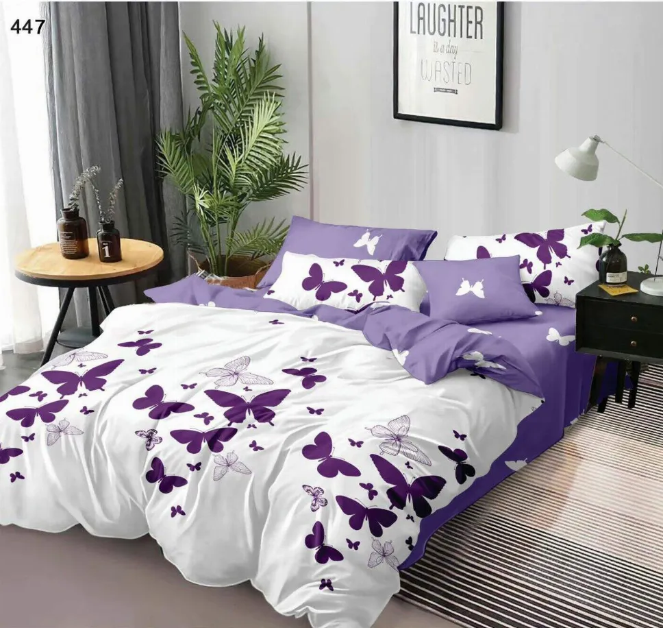 Lenjerii Pucioasa Super Elegant - Lenjerie de pat Finet 6 piese, alb cu fluturi mov subtili-LP447