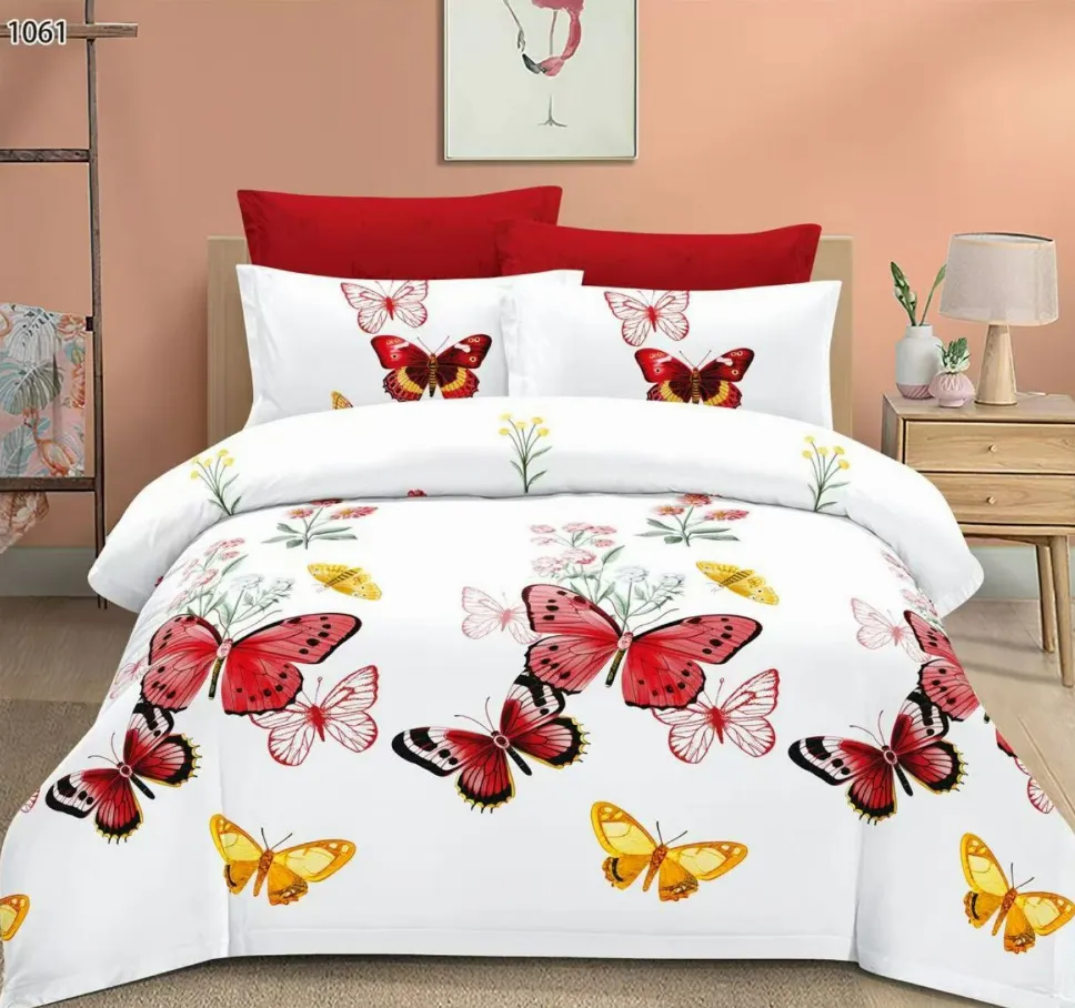 Lenjerii Pucioasa Super Elegant - Lenjerie de pat Finet 6 piese, alb cu fluturi rosii si galbeni-LP1061