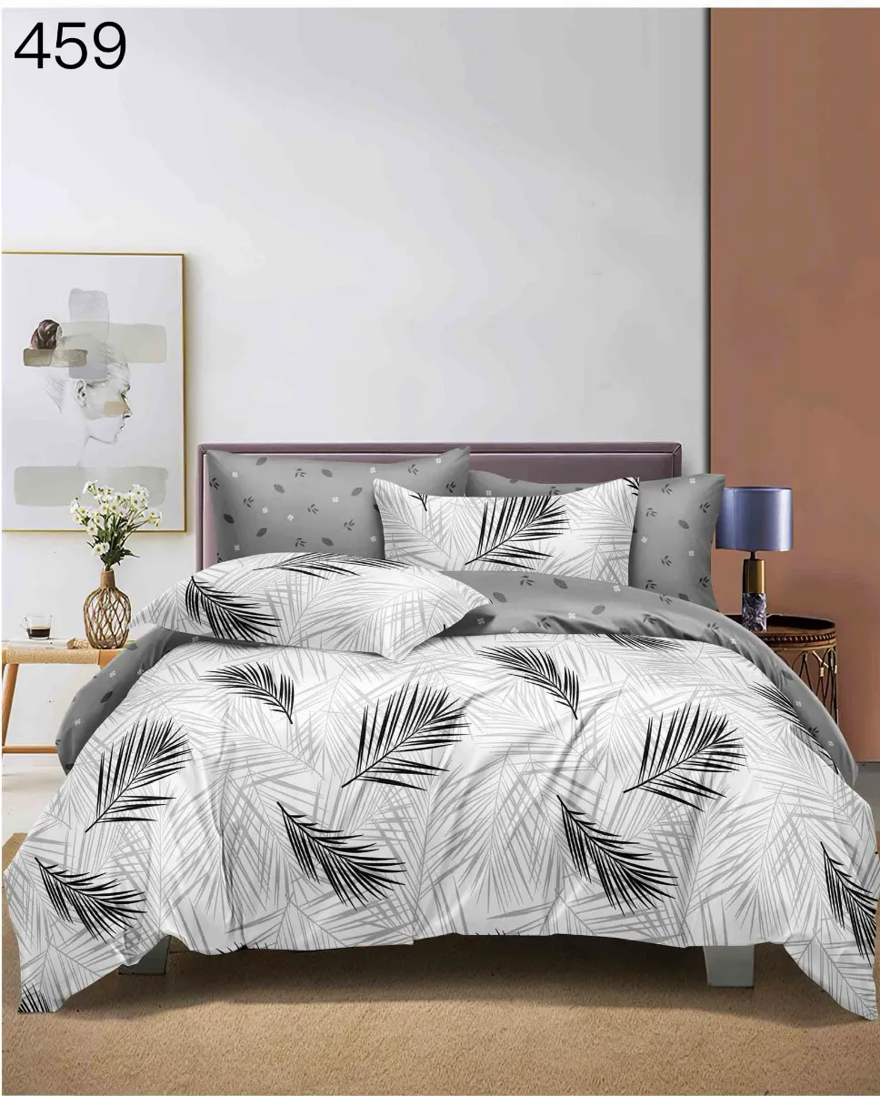 LENJERII DE PAT 1+1 GRATIS - Lenjerie de pat Finet 6 piese, alb cu frunze tropicale negre-GR459