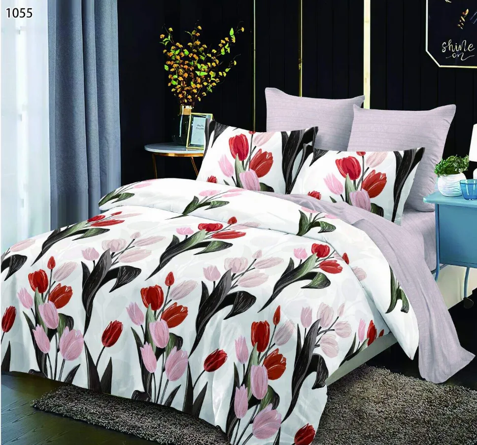 Lenjerii Pucioasa Super Elegant - Lenjerie de pat Finet 6 piese, alb cu lalele roșii și roz-LP1055