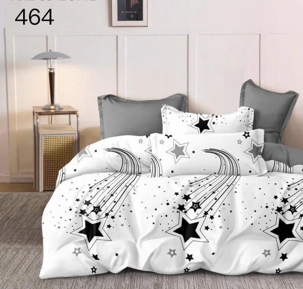 LENJERII DE PAT 1+1 GRATIS - Lenjerie de pat Finet 6 piese, alb cu stele negre și gri-GR464