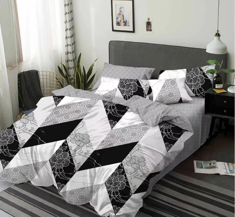 LENJERII DE PAT 1+1 GRATIS - Lenjerie de pat Finet  6 piese,Alb/Gri cu forme geometrice -KY14