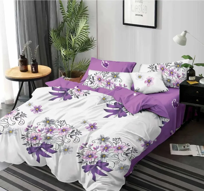 LENJERII DE PAT 1+1 GRATIS - Lenjerie de pat Finet  6 piese,Alb/Lila cu Floricele -KY5
