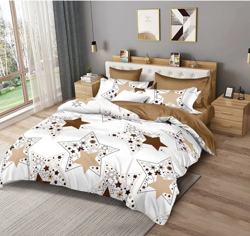 LENJERII DE PAT 1+1 GRATIS - Lenjerie de pat Finet  6 piese,Alb/Maro,Stars-KY71