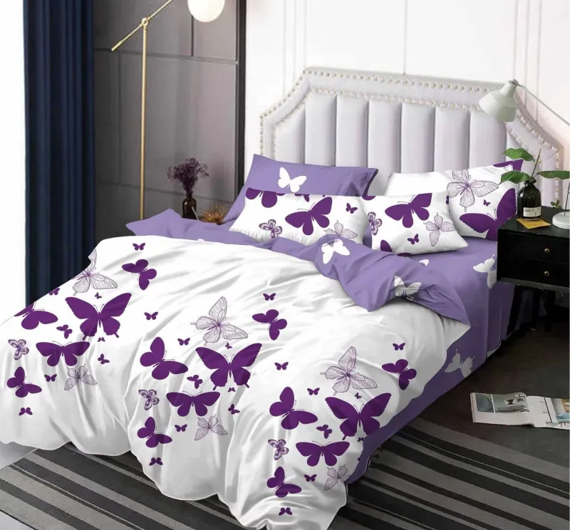 LENJERII DE PAT 1+1 GRATIS - Lenjerie de pat Finet  6 piese,Alb/Mov cu fluturi-KY36