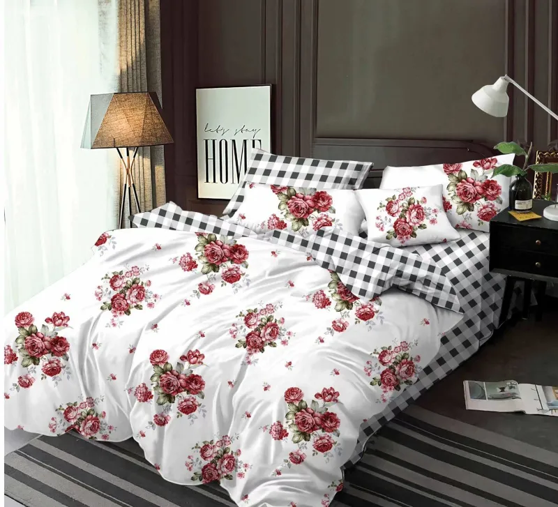 LENJERII DE PAT 1+1 GRATIS - Lenjerie de pat Finet  6 piese,Alb/Negru cu bujori rosii-KY63