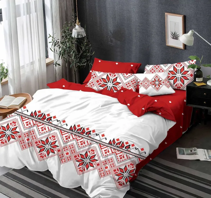 LENJERII DE PAT 1+1 GRATIS - Lenjerie de pat Finet  6 piese,Alb/Rosu  cu motive traditionale-KY40