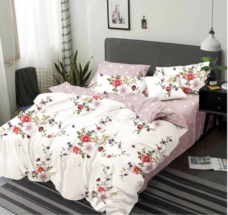 LENJERII DE PAT 1+1 GRATIS - Lenjerie de pat Finet  6 piese,Alb/Roz cu floricele-KY50