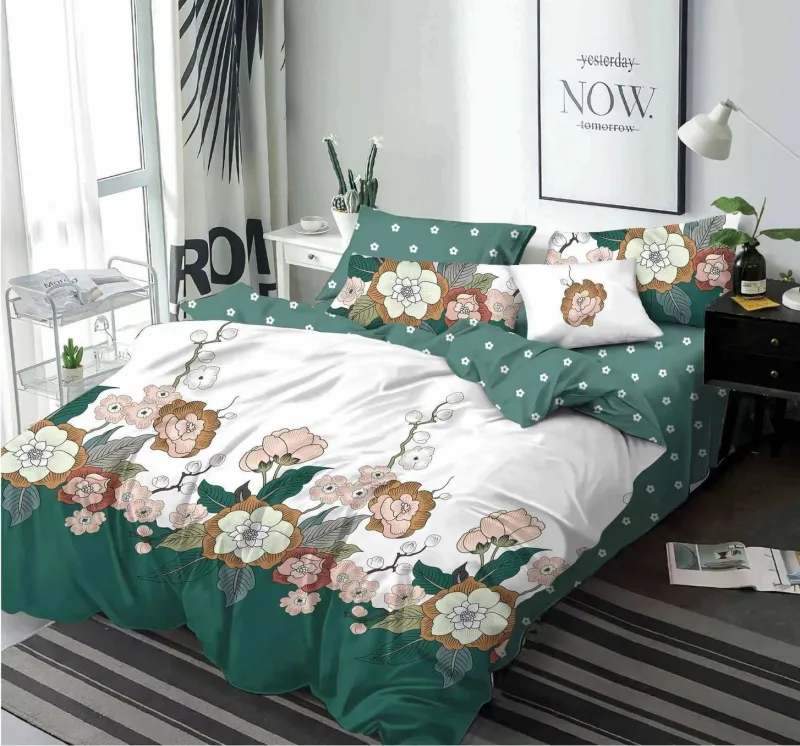 LENJERII DE PAT 1+1 GRATIS - Lenjerie de pat Finet  6 piese,Alb/Verde cu flori-KY54