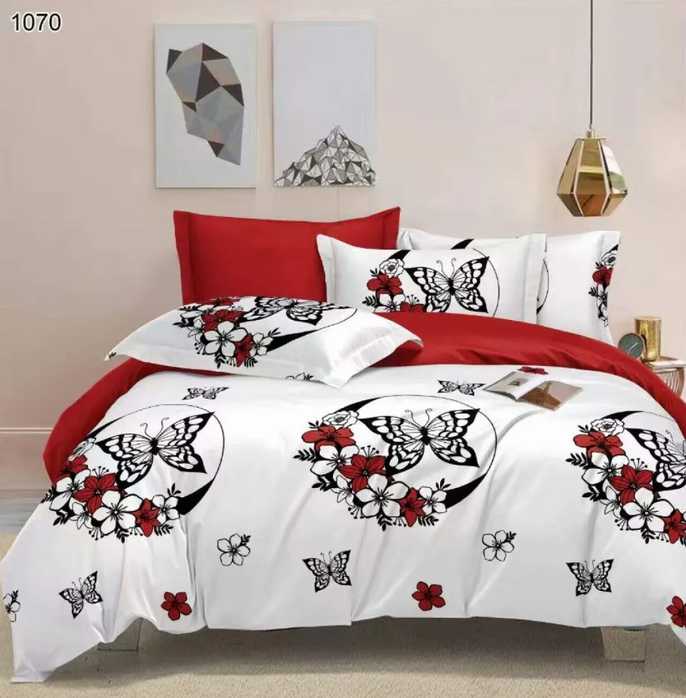 Lenjerii Pucioasa Super Elegant - Lenjerie de pat Finet 6 piese, albă cu fluturi și flori roșii-LP1070