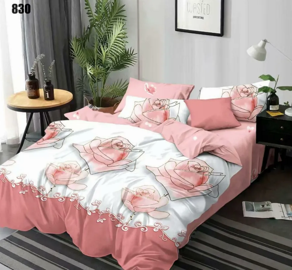 Lenjerii Pucioasa Super Elegant - Lenjerie de pat Finet 6 piese, albă cu trandafiri roz pastel-LP830