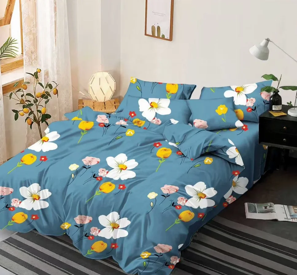 LENJERII DE PAT 1+1 GRATIS - Lenjerie de pat Finet 6 piese, albastru cu flori vibrante-KY104