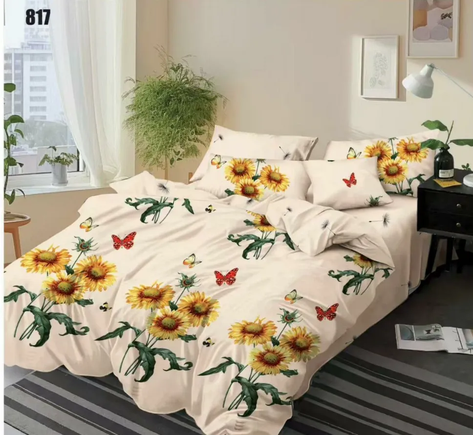 Lenjerii Pucioasa Super Elegant - Lenjerie de pat Finet 6 piese, bej cu flori galbene si fluturi-LP817