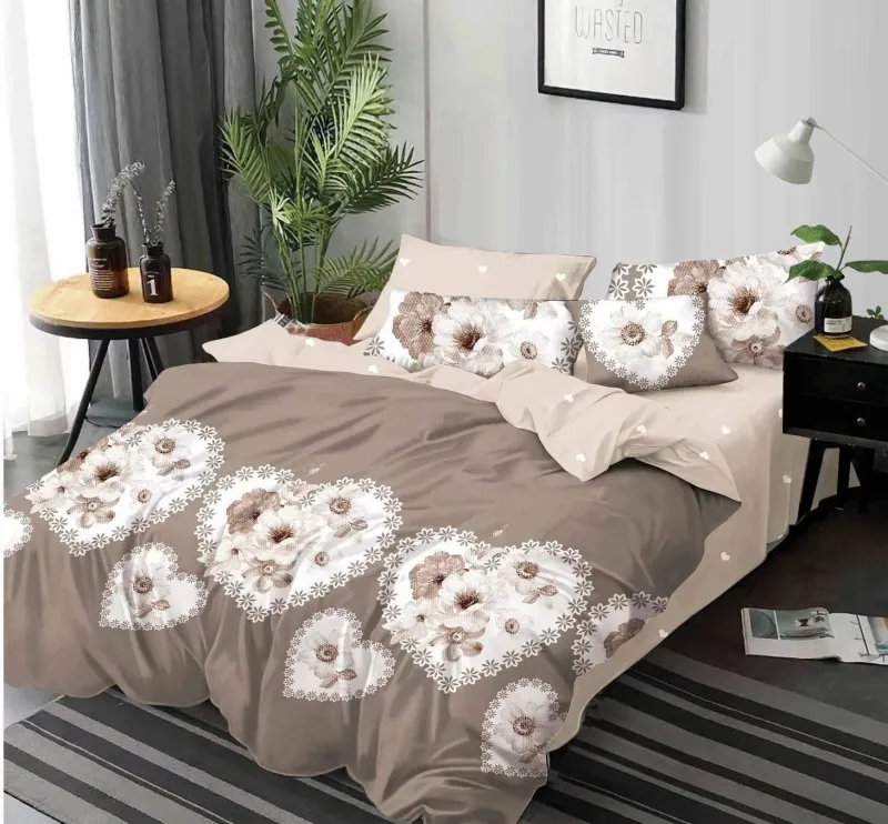 LENJERII DE PAT 1+1 GRATIS - Lenjerie de pat Finet  6 piese,Bej cu inimioare -KY24