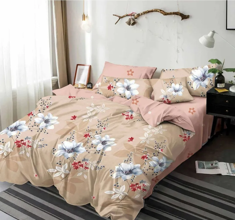 LENJERII DE PAT 1+1 GRATIS - Lenjerie de pat Finet  6 piese,Bej/Maro cu Flori -KY34